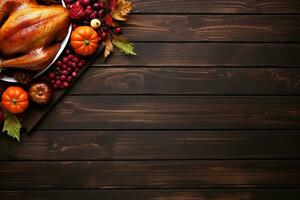 AI generated Thanksgiving day background with roasted turkey, fruits and spices photo