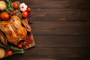 AI generated Thanksgiving day background with roasted turkey, fruits and spices photo