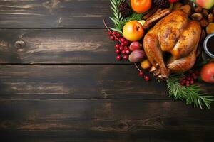 AI generated Thanksgiving day background with roasted turkey, fruits and spices photo