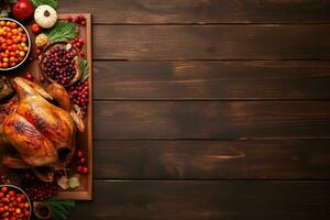 AI generated Thanksgiving day background with roasted turkey, fruits and spices photo