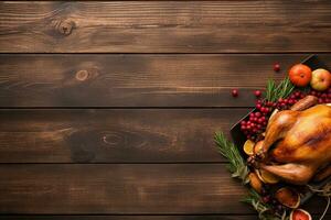 AI generated Thanksgiving day background with roasted turkey, fruits and spices photo