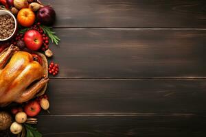 AI generated Thanksgiving day background with roasted turkey, fruits and spices photo