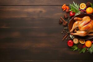 AI generated Thanksgiving day background with roasted turkey, fruits and spices photo