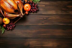 AI generated Thanksgiving day background with roasted turkey, fruits and spices photo