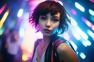 AI generated Portrait of young beautiful asian woman dancing in night club. photo