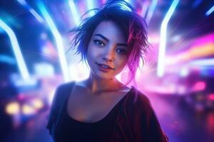 AI generated Portrait of young beautiful asian woman dancing in night club. photo