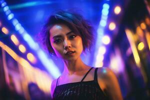 AI generated Portrait of young beautiful asian woman dancing in night club. photo