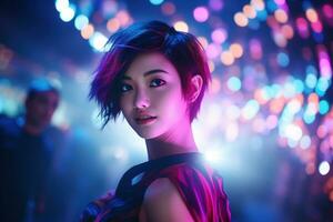 AI generated Portrait of young beautiful asian woman dancing in night club. photo