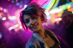 AI generated Portrait of young beautiful asian woman dancing in night club. photo