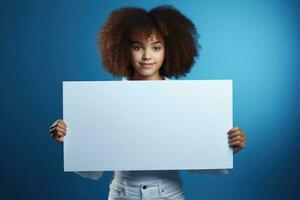 AI generated Cute little girl holding blank white sheet of paper in her hands photo