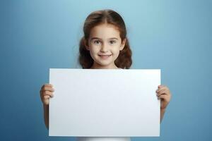 AI generated Cute little girl holding blank white sheet of paper in her hands photo