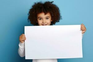 AI generated Cute little girl holding blank white sheet of paper in her hands photo