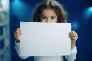 AI generated Cute little girl holding blank white sheet of paper in her hands photo