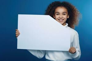 AI generated Cute little girl holding blank white sheet of paper in her hands photo