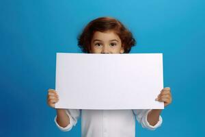 ai generado linda pequeño niña participación blanco blanco sábana de papel en su manos foto