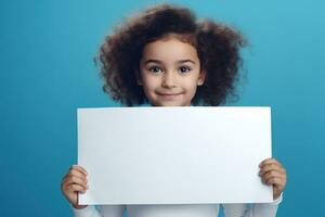 AI generated Cute little girl holding blank white sheet of paper in her hands photo