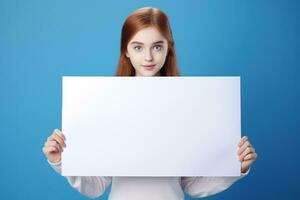 AI generated Cute little girl holding blank white sheet of paper in her hands photo