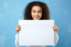 AI generated Cute little girl holding blank white sheet of paper in her hands photo