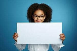 AI generated Cute little girl holding blank white sheet of paper in her hands photo