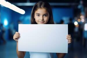 AI generated Cute little girl holding blank white sheet of paper in her hands photo