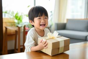 AI generated Cute asian little boy holding a gift box photo