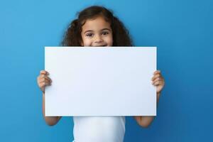 AI generated Cute little girl holding blank white sheet of paper in her hands photo