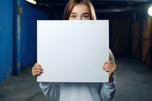 AI generated Cute little girl holding blank white sheet of paper in her hands photo