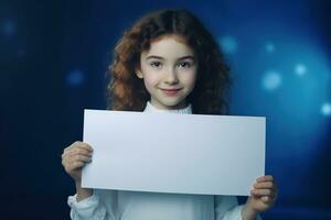 ai generado linda pequeño niña participación blanco blanco sábana de papel en su manos foto