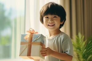 AI generated Cute asian little boy holding a gift box photo