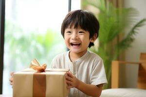 AI generated Cute asian little boy holding a gift box photo