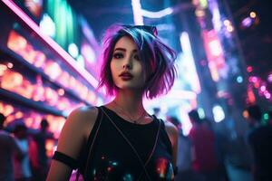 AI generated Portrait of young beautiful asian woman dancing in night club. photo