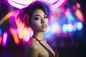 AI generated Portrait of young beautiful asian woman dancing in night club. photo