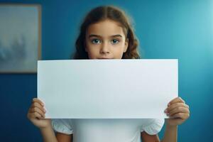 AI generated Cute little girl holding blank white sheet of paper in her hands photo