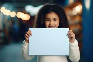 AI generated Cute little girl holding blank white sheet of paper in her hands photo