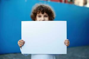 AI generated Cute little girl holding blank white sheet of paper in her hands photo