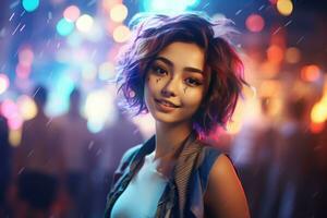 ai generado retrato de joven hermosa asiático mujer bailando en noche club. foto
