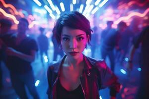 AI generated Portrait of young beautiful asian woman dancing in night club. photo