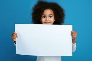 AI generated Cute little girl holding blank white sheet of paper in her hands photo