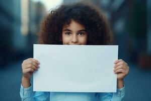 AI generated Cute little girl holding blank white sheet of paper in her hands photo