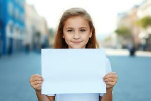 AI generated Cute little girl holding blank white sheet of paper in her hands photo