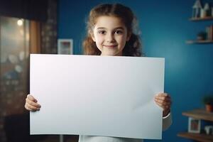 AI generated Cute little girl holding blank white sheet of paper in her hands photo