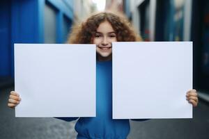 AI generated Cute little girl holding blank white sheet of paper in her hands photo