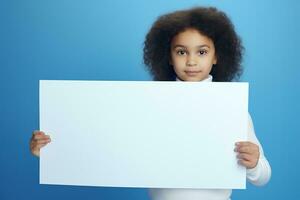 AI generated Cute little girl holding blank white sheet of paper in her hands photo