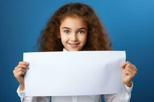 ai generado linda pequeño niña participación blanco blanco sábana de papel en su manos foto