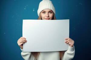 AI generated Cute little girl holding blank white sheet of paper in her hands photo