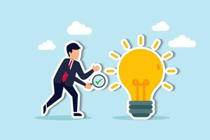 Validate startup idea that have potential to implement and success in real life, analyze and choose best business idea concept, smart businessman verify or validate light bulb idea and make approval. vector