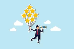 Evaluation or performance rating, reputation or customer satisfaction review, quality feedback or best service, positive stars rating, businessman flying with stars rating balloon look for future. vector