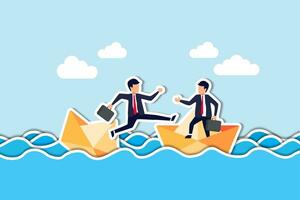 Trusted business partner to help and support in economic crisis or team and partnership to offer solution concept, brave businessman risk their life to help his partner from sinking boat in the ocean. vector