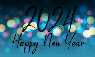 Happy New Year 2024 black number text colorful bokeh blur on blue design for holiday festival celebration countdown background vector