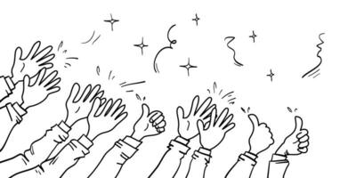 Hand drawn of hands clapping ovation. applause, thumbs up gesture on doodle style. vector illustration